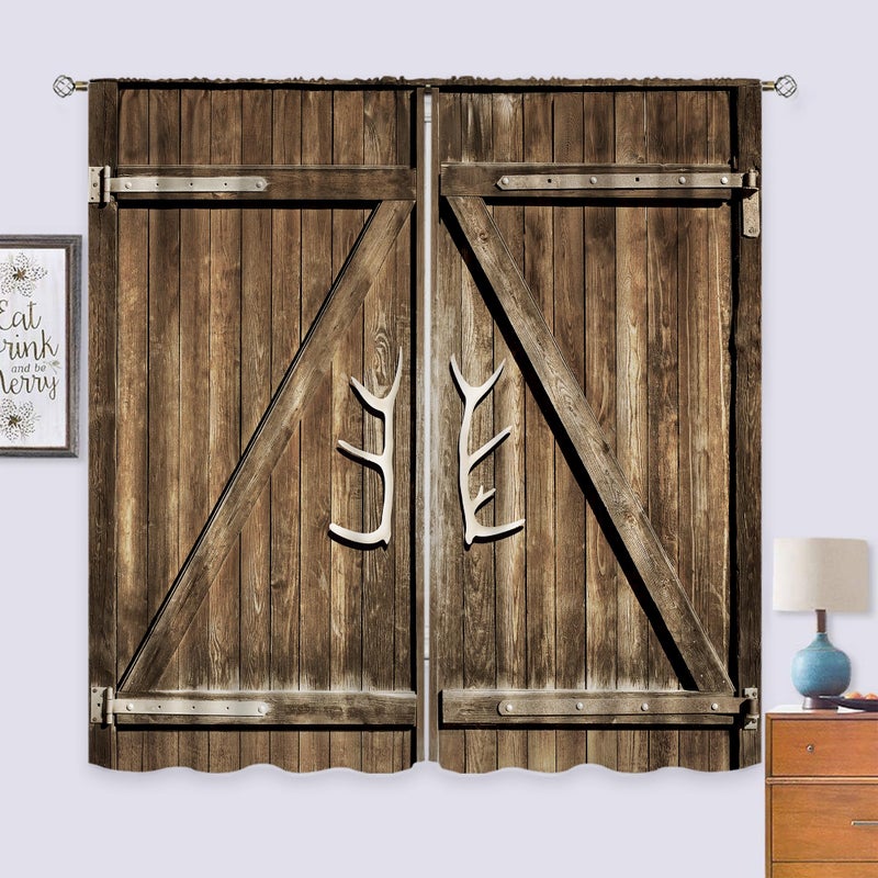 Cinbloo Rustic Western Curtains 42W x 63L Inch Rod Pocket Farmhouse Wooden Barnwood Country Bedroom Decor Vintage Retro Brown Wood Lodge Cabin Barn Door Living Room Window Drapes Fabric 2 Panels - Image 3